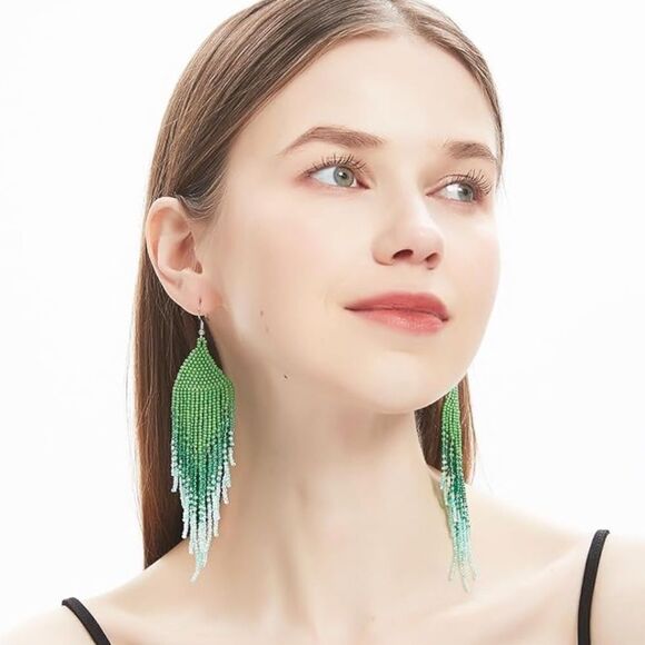 Green Bohemian Seed Bead Tassel Dangling Statement French Wire Hook Earrings - Picture 5 of 7